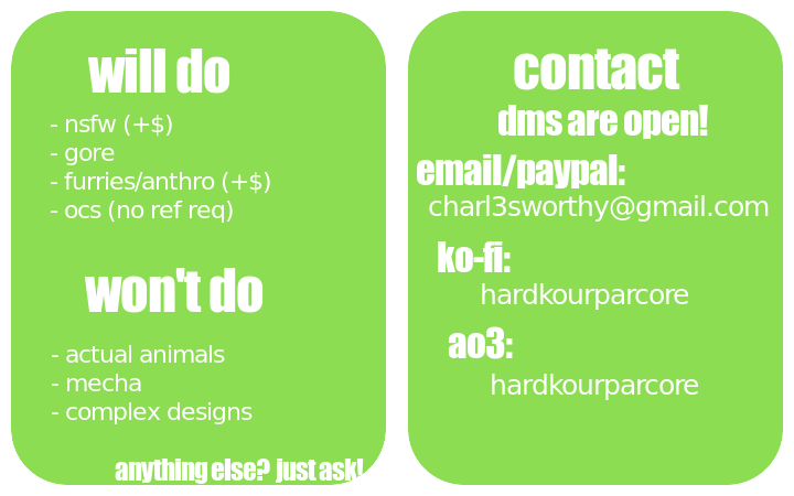 here is a real commission post...  thank you...  my slots are only 3 at a time (combined) but my dms are always open