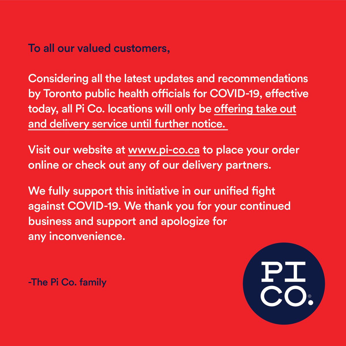 A reminder that all Pi Co. Stores are only offering TAKE OUT and DELIVERY service until further notice #CraftYours 🍕