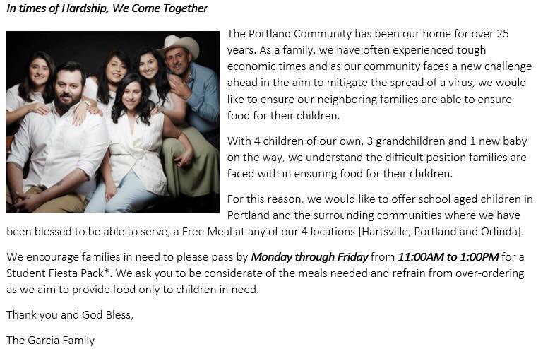 Portlandtncofc's tweet image. El Azteca and Senor Fajitas are offering free Student Fiesta packs Monday - Friday between 11am to 1pm for local area students who could use a free meal. 

Please call ahead to either location to give them a heads up for your takeout order.