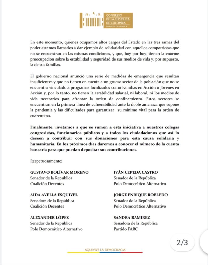 IvanCepedaCast's tweet photo. Congresistas de la oposición proponemos crear un fondo con donaciones de nuestros salarios para ayudar a vendedores ambulantes, trabajadores informales, habitantes de calle, con el fin de mitigar la grave situación que enfrentan por esta pandemia. Invitamos a todos a contribuir: https://t.co/mDVwuEkpU7