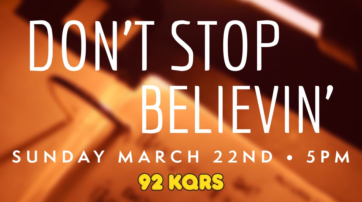 KQRadio's tweet photo. We will be playing Don't Stop Believing by @JourneyOfficial TOMORROW at 5p tomorrow for all our listeners to sing along with. Come together and tune in! https://t.co/DFFhmTyA3R