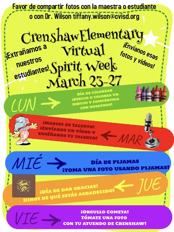 NHFineArtsMag's tweet photo. ๐จ๐จ โAttention all Crenshaw families! We are having a Virtual Sprit Week this week March 23-27 and we hope you participate! Share photos of you participating and brighten your day! โ ๐จ๐จ #CrenshawElementary #becisd https://t.co/IMJUeT5bZW