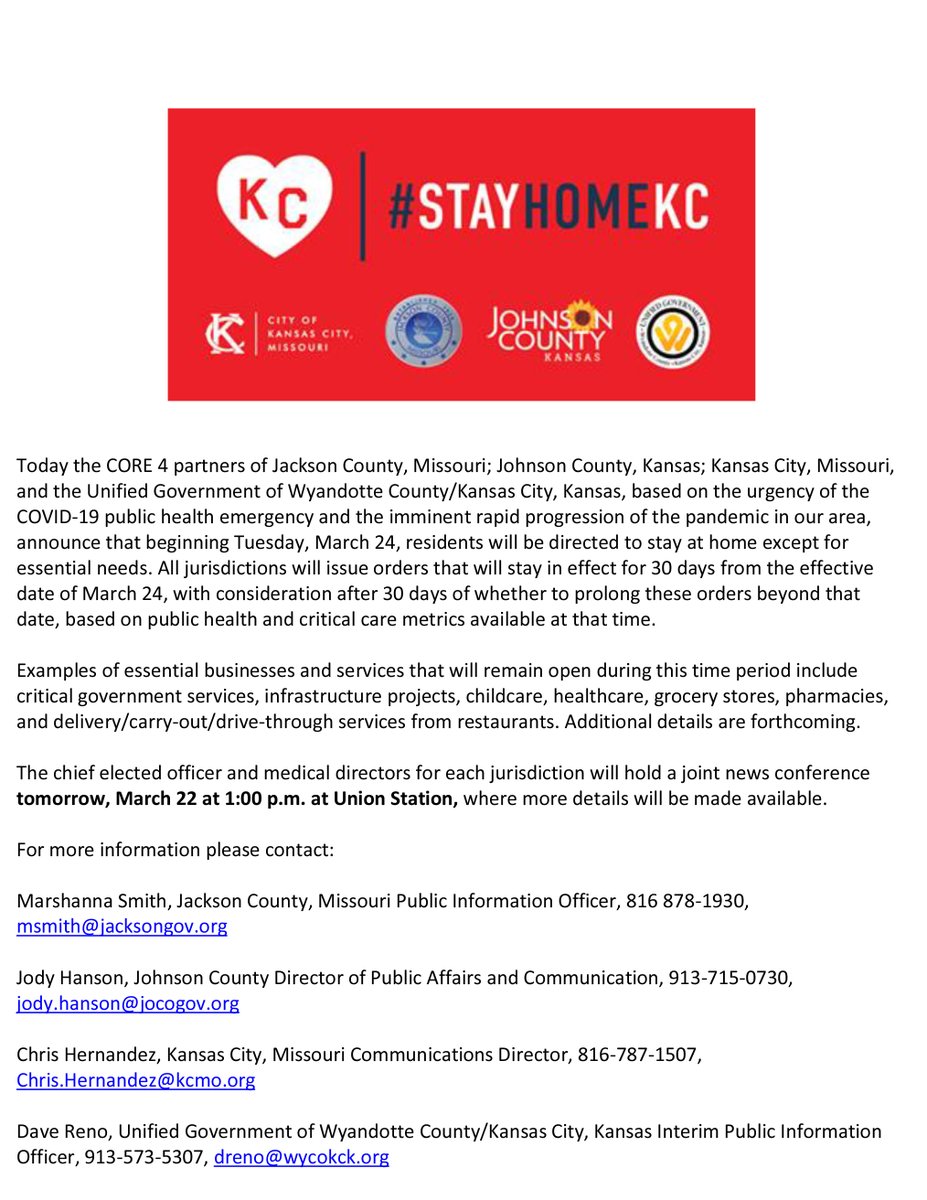 #PressRelease: #CORE4 partners <a href="/JacksonCountyMO/">Jackson County MO</a> <a href="/jocogov/">Johnson County, Kan.</a> @CityofKCK &amp; @KCMO announced beginning Tues, March 24 residents will be directed to #StayAtHome based on the urgency of the #COVID19 public health emergency. FAQs about #StayAtHome jacksongov.org/1186/Stay-at-H…