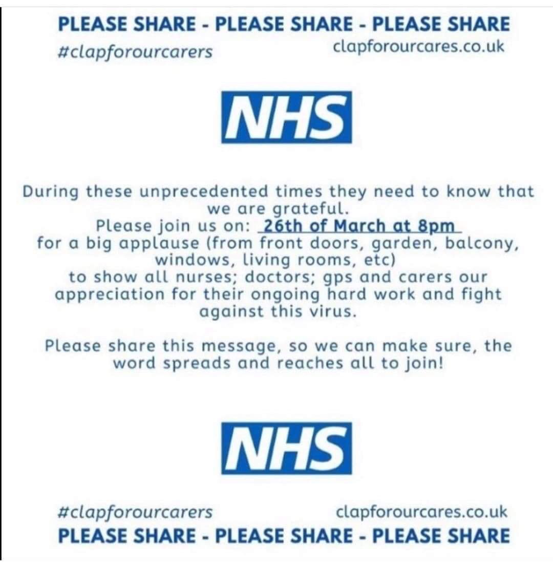 LoveYourNHS's tweet photo. Join us on 
THURSDAY 26TH OF MARCH 8 PM
in a massive applause for the NHS!!
All of you who are working at the frontline. #clapforourcarers https://t.co/S6u9DWIveu