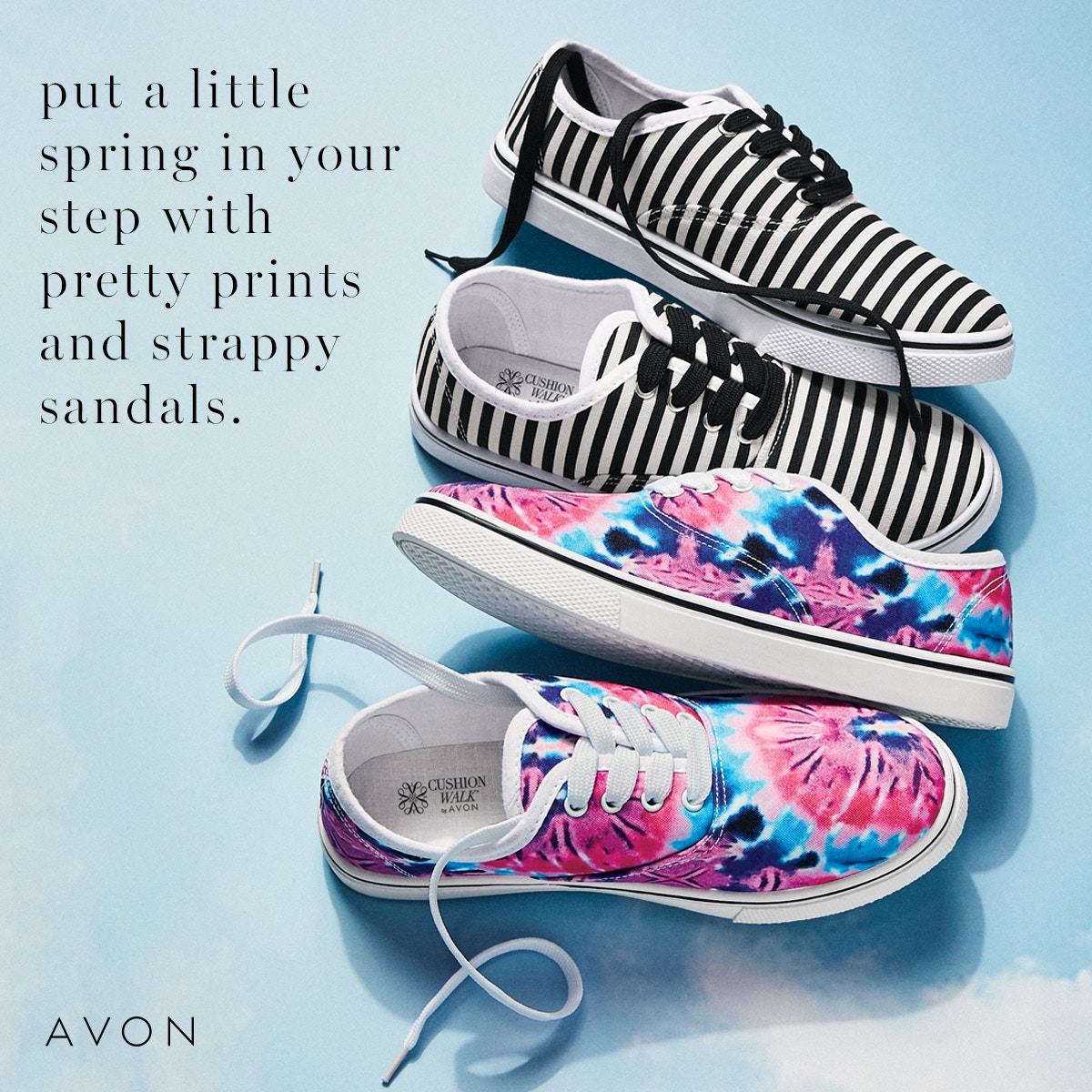 Put a little #spring into your step with these cute #sneakers, complete with pretty printed fabric and a #CushionWalk footbed for maximum comfort. #BossUp #comfort go.youravon.com/3k6r28