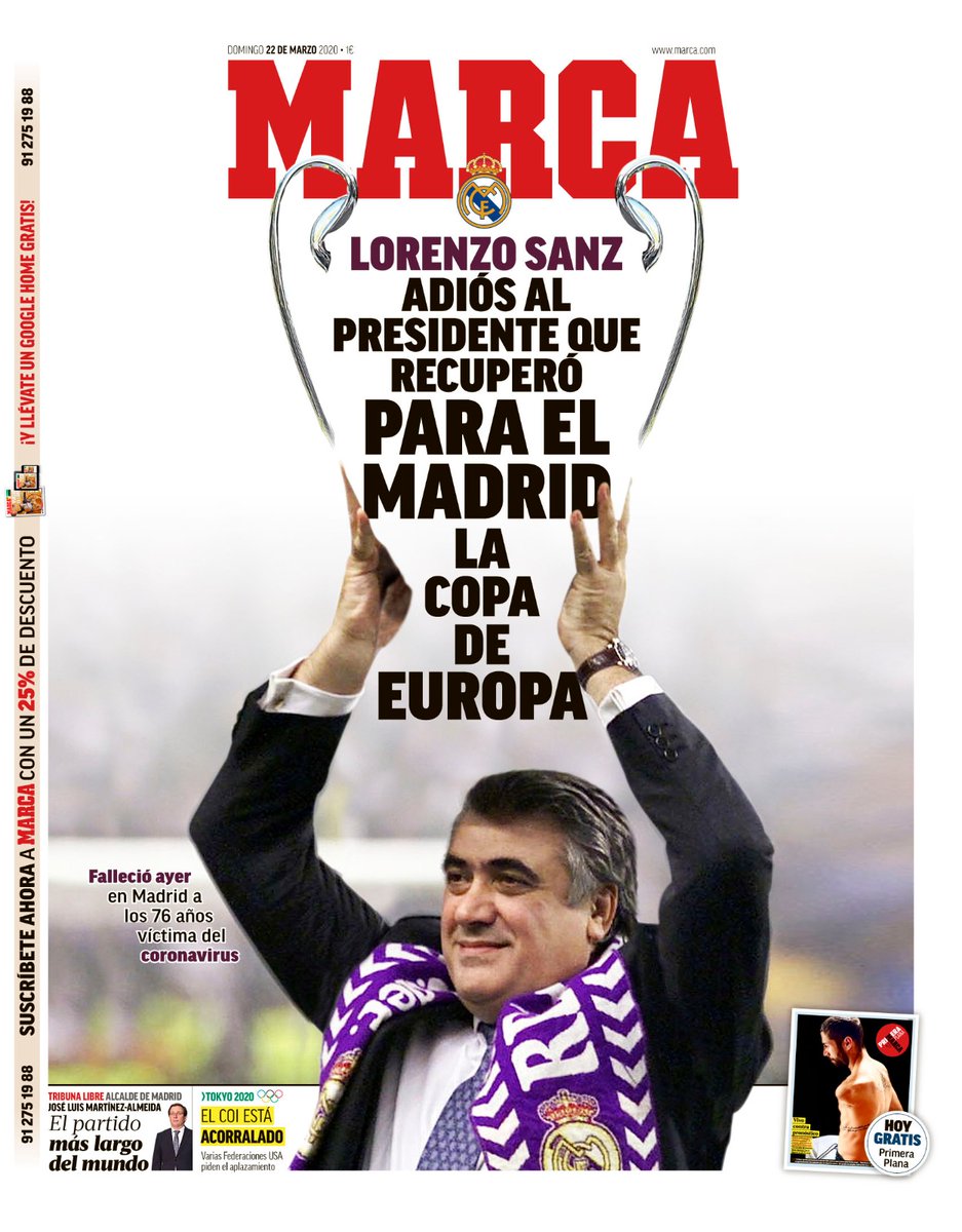 🗞️ #LaPortada Adiós a Lorenzo Sanz, el presidente que recuperó la Copa de Europa para el <a href="/realmadrid/">Real Madrid C.F.</a> 🏆