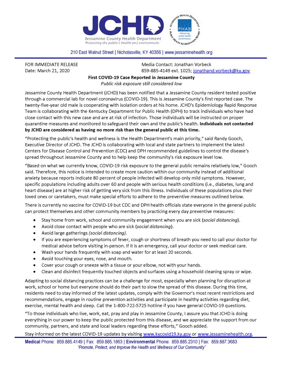 JCHD_KY's tweet photo. First COVID-19 Case Reported in Jessamine County: Public risk exposure still considered low

Visit https://t.co/o9L618rOBD for more information.

#TeamKentucky #TogetherKy #jessaminecounty https://t.co/1B9i0cl8nG