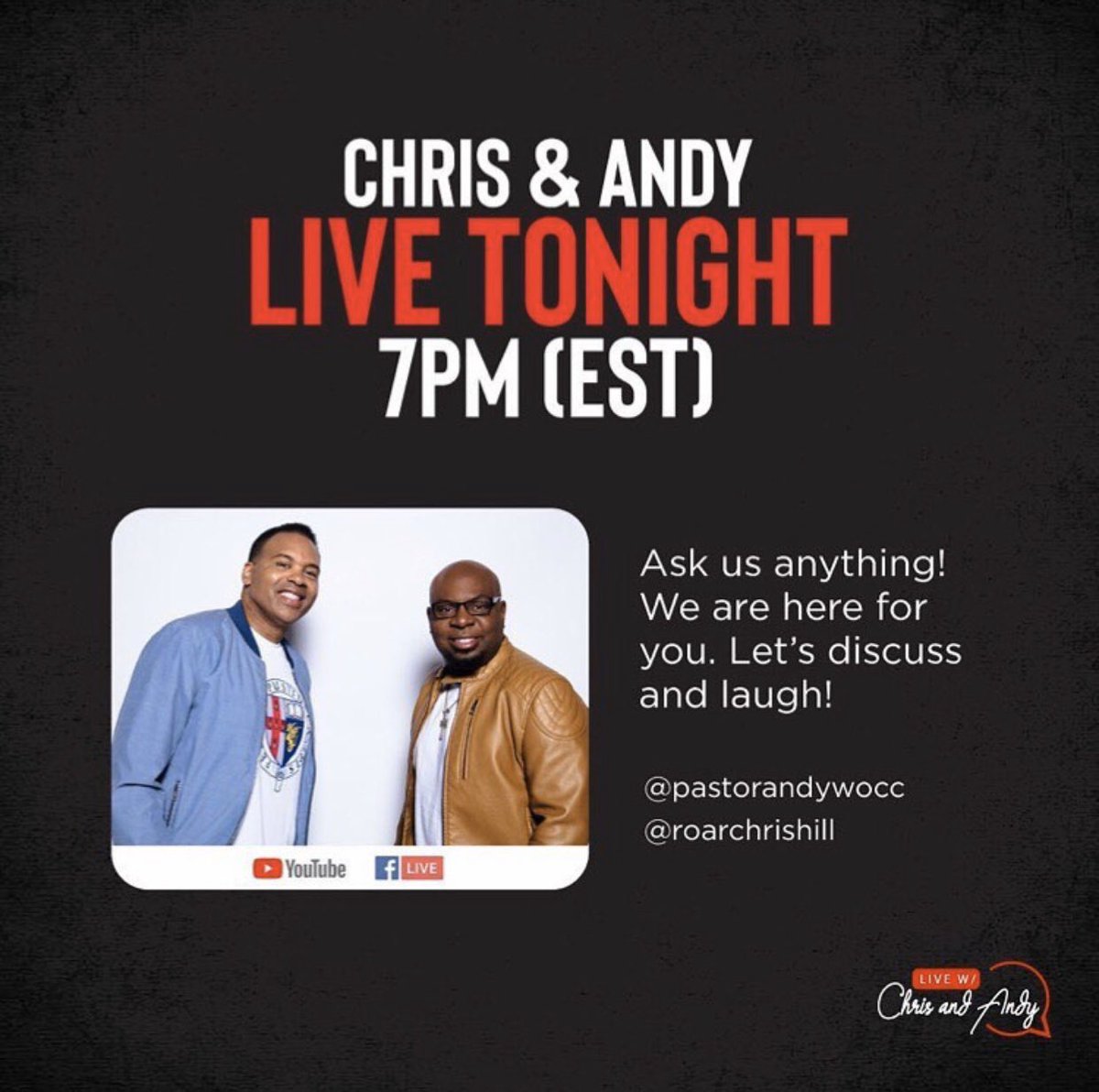 They’re back! Need a laugh? Ask <a href="/PastorAndyWOCC/">Andy Thompson</a> &amp; <a href="/PastorChrisHill/">Chris Hill</a> ANYTHING! #QuaratineLife #talkshow