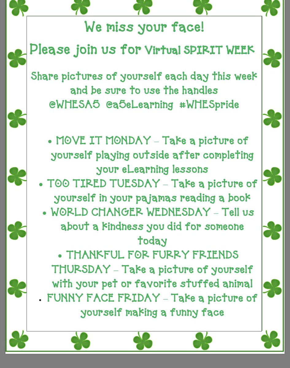 A5WHES's tweet photo. Letβs get it, #WorldChangers and #Eduheros! I cannot wait to see what we post next week! #elearning #KidsDeserveIt #BeTheOne #SpiritWeek #VirtualSpiritWeek #WHESpride #Vision5 #Anderson5 #picoftheday #MISSINGOURKIDS #lovescschools #BetterTogether https://t.co/BwTlkiLs1u