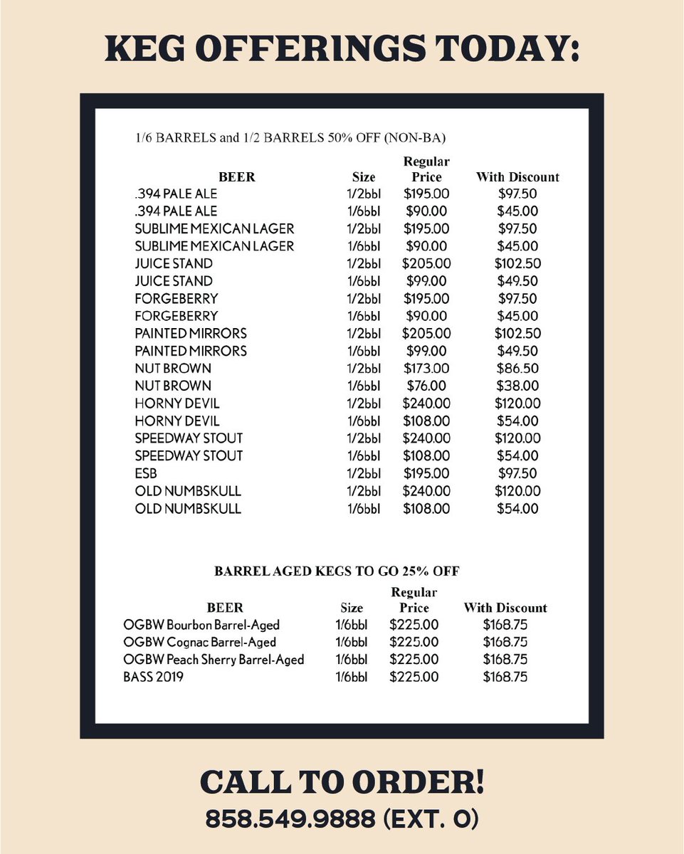 Fill your kegerator, here's a list of KEGS ON SALE today! To order yours call the tasting room at 859.549.9888 (ext.0). For VINTAGE BOTTLES and beer TO-GO, hit the link below. SHIPPING AVAILABLE for bottle and cans across CA &amp; NV! soo.nr/b0Ss #kegsale #sandiegobeer