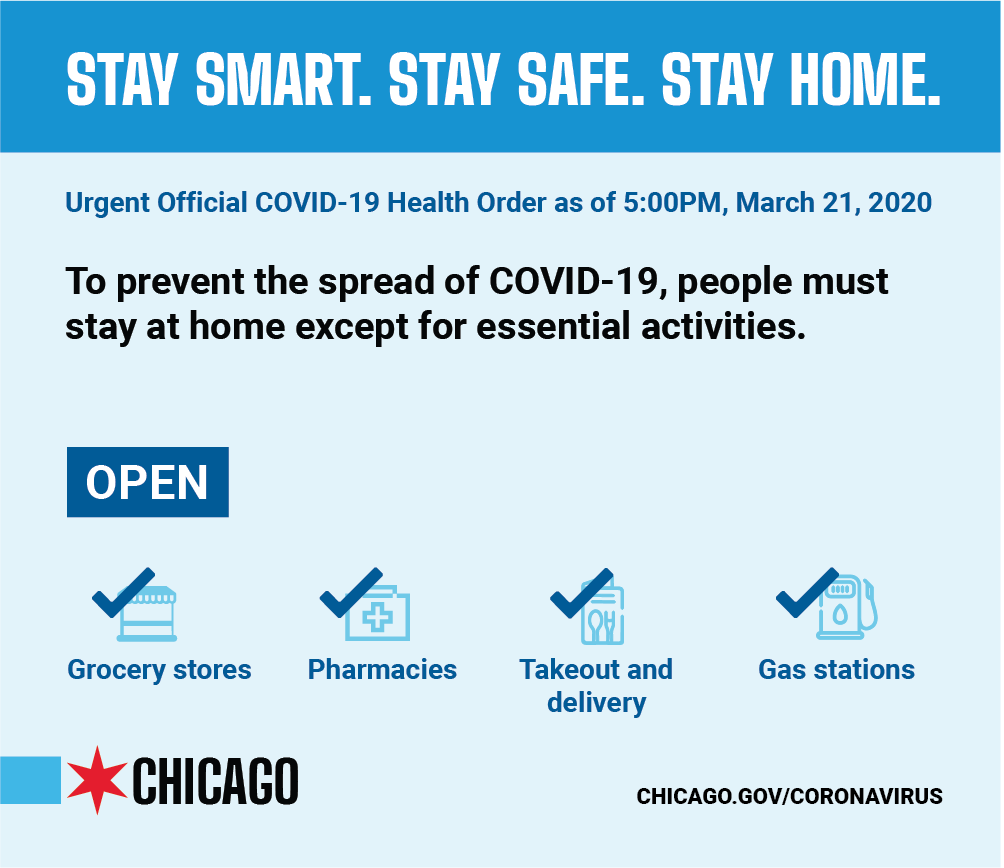 Stay home, stay safe. To effectively combat the spread of #COVID19 we are asking our residents to comply with the newly-issued Stay at Home Order. Learn more at chi.gov/coronavirus.