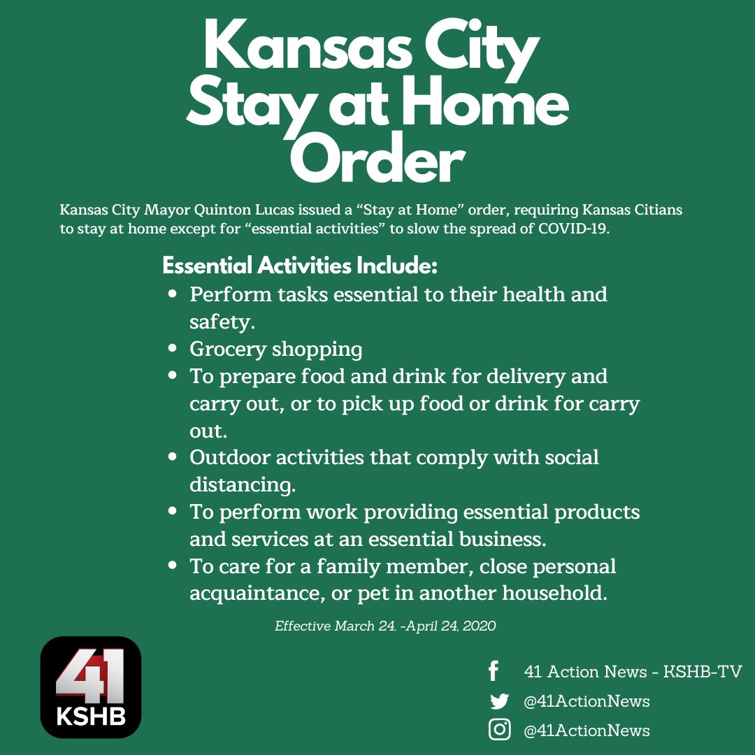KSHB41's tweet photo. Residents in the core Kansas City metropolitan jurisdictions will be under a stay at home order starting Tuesday, March 24. READ MORE >> https://t.co/dyi1U4Ag9N https://t.co/JYiNRf3zdB