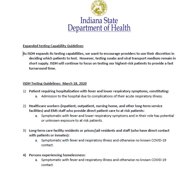 Please see the latest #COVID19 testing guidelines.  We encourage anyone who is experiencing symptoms to call Tippecanoe County #COVID19 Hotline 765-423-9193
Open Monday-Friday 8-4:30pm
If you have an after hours emergency please call @ISDH @ 877-826-0011.