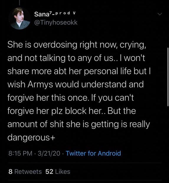 Also want to add this because this is really messed up to lie about. Idk if she told them this or if they were lying to help her, but claiming she’s overdosing when she clearly wasn’t is emotional manipulation. And the “nitpicked tweets” sure sounds like they still believe her.