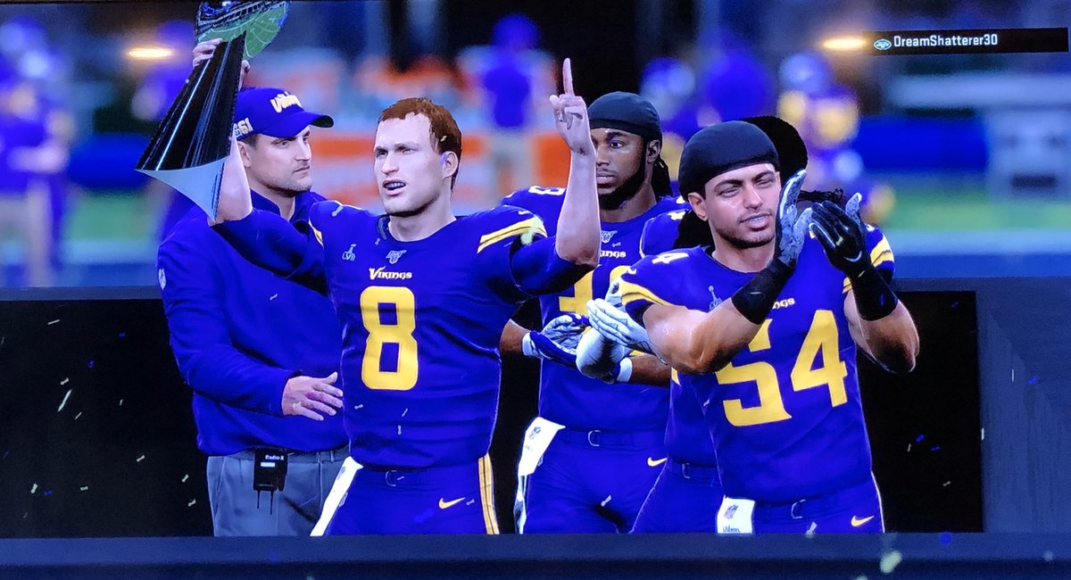 CfaVikings's tweet photo. SUPER BOWL CHAMPIONS!!! That’s right you’re CFA Vikings won the Super Bowl!  Cousins was on point throwing for 376 yards and 4 TDs but the MVP went to Holton Hill as he picked Garoppolo and returned it for a pivotal 6 points. Let the celebration begin!  SKOL VIKINGS!! @CommishCFA https://t.co/UQa1FEGpJh