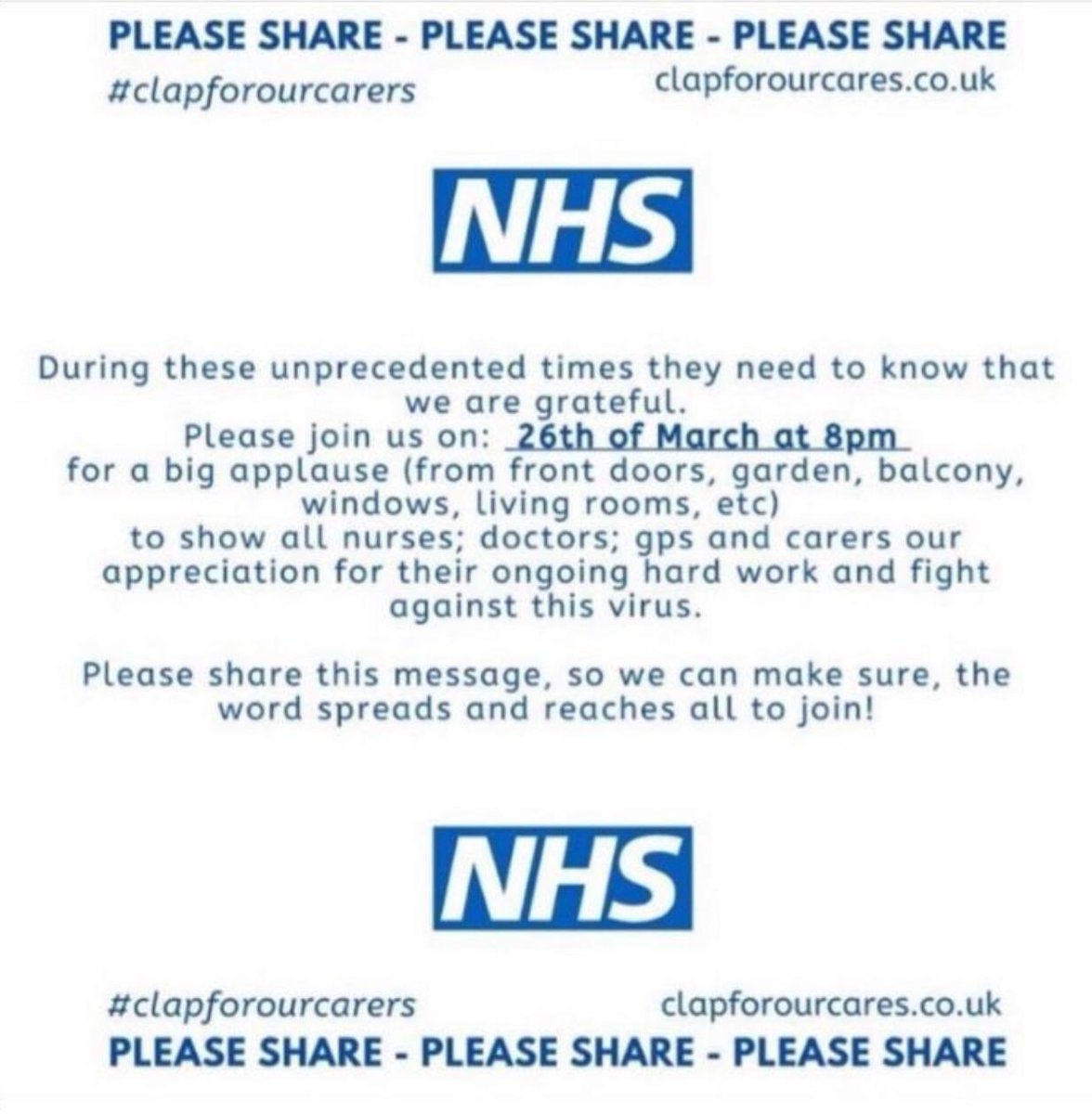 BlackHorseLE2's tweet photo. On the 26th of March at 8pm let’s all unite and give all of the nurses, doctors, gps and carers a massive round of applause to show our appreciation for their hard work in this difficult time

#clapforourcarers #NHS #CoronaCrisis #NHSCovidHeroes #NHSThankYou https://t.co/aHh4q5w3sp
