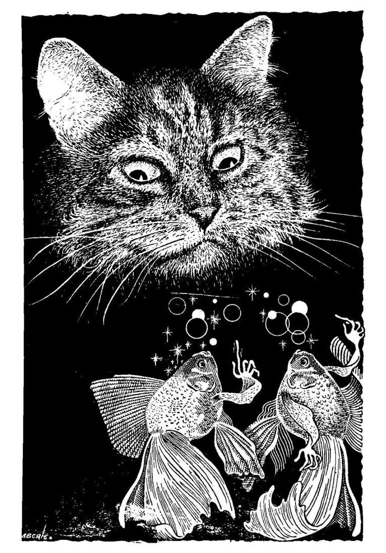 Space cat finds space fish in this 50s-era interior art for a sci-fi magazine. The artist isn't credited... I'd say it might be Virgil Finlay, but the signature at the bottom doesn't look like his.  #Caturday