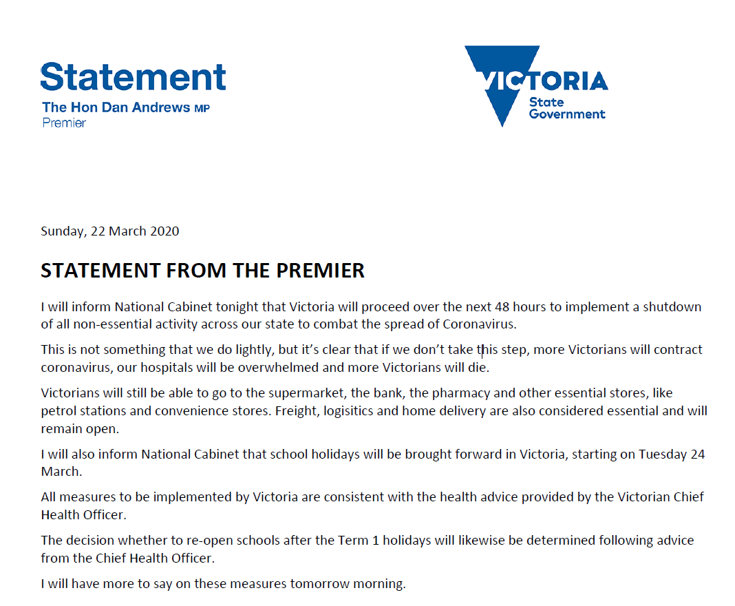"Victoria will proceed over the next 48 hours to implement a shutdown of all non-essential activity across our state..." <a href="/DanielAndrewsMP/">Dan Andrews</a> <a href="/9NewsMelb/">9News Melbourne</a>