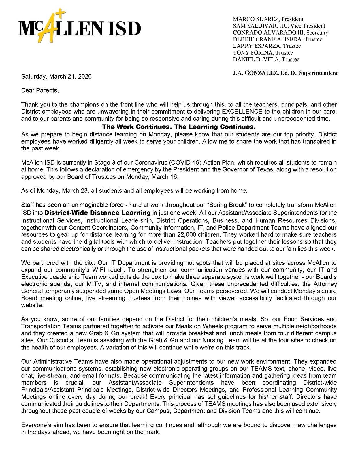 McAllen ISD on Twitter "UPDATE Message from Superintendent. https//t