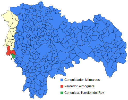 BotGuada's tweet image. Semana 1837: Milmarcos ha conquistado Torrejón del Rey, territorio antes ocupado por Almoguera. Quedan 3 pueblos.