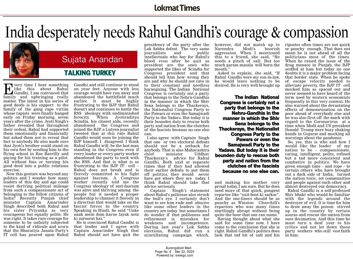 sujataanandan's tweet photo. Unabashedly&amp;unapologetically, I root for RahulGandhi2 take over the Congress again.He is the only leader in the country(apart from LaluYadav)who is consistently anti-fascist.Besides,he has none of the boorish abusiveness some associat with strength.The nation needs his compassion https://t.co/dT1ZCEgFO1