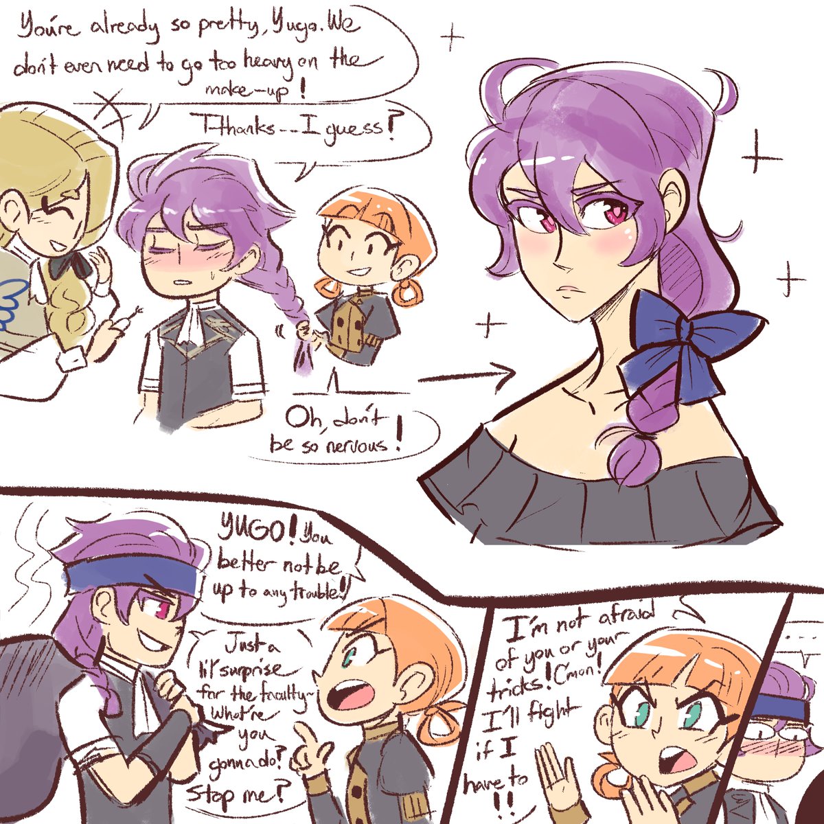 Some more OC Yugo doodles~ Timeskip stuff and some silly pre timeskip shenanigans. 