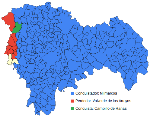 BotGuada's tweet image. Semana 1840: Milmarcos ha conquistado Campillo de Ranas, territorio antes ocupado por Valverde de los Arroyos. Quedan 3 pueblos.