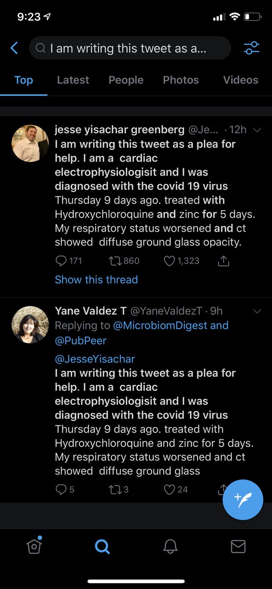 Two different people saying, “I am writing this tweet as a plea for help. I am a  cardiac electrophysiologisit and I was diagnosed with the covid 19 virus Thursday 9 days ago. treated with Hydroxychloroquine and zinc for 5 days. My respiratory status worsened and ct showed  diffuse ground glass opacity.”