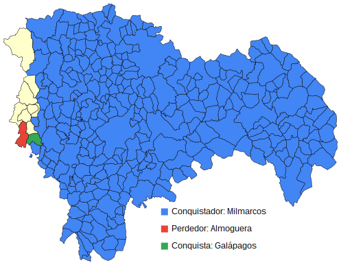BotGuada's tweet image. Semana 1842: Milmarcos ha conquistado Galápagos, territorio antes ocupado por Almoguera. Quedan 3 pueblos.