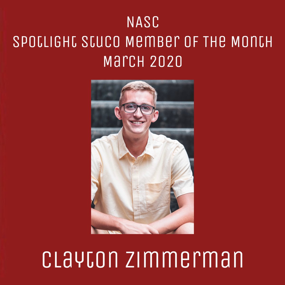 Clayton Zimmerman has been named the NASC Spotlight StuCo  Member of the month! Clayton is an outstanding leader in Malcolm High School's Student Council. Clayton's a leader who has integrity and is inspiring. As a leader in StuCo, he's helped lead many events. Congrats, Clayton!