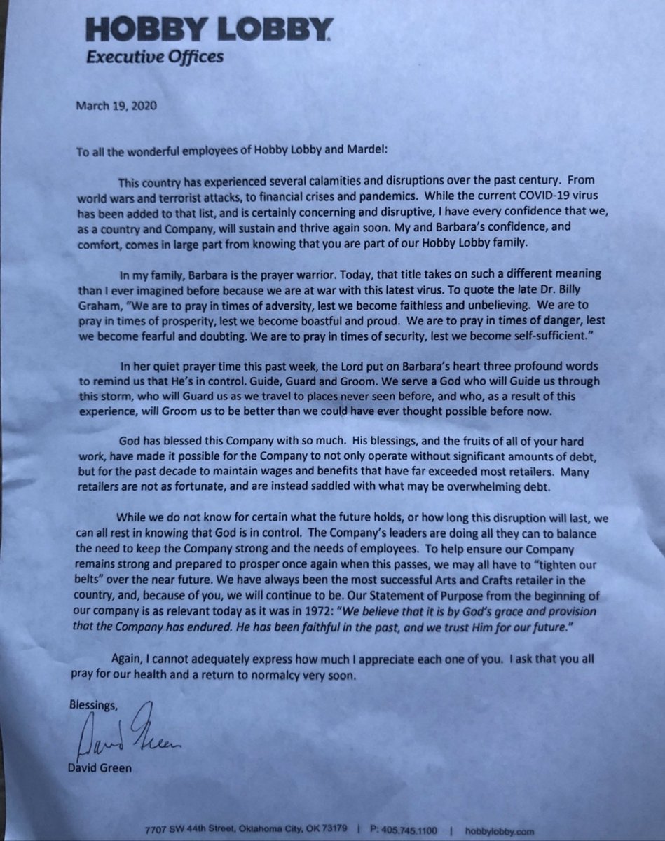 Hobby Lobby owner David Green is telling store managers to stay open despite the pandemic because his wife had a vision from god.

He also warns they'll all have to 'tighten their belts' soon. His net worth is $6.4 billion—hourly employees don't get paid sick leave. #COVIDIOT