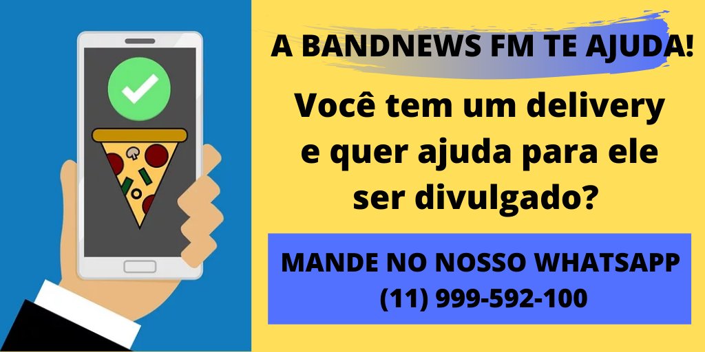 radiobandnewsfm's tweet photo. 📞🛵 Mande no nosso WhatsApp! Precisa de alguma ajuda para divulgar o delivery do seu negócio? Só encaminhar para o número (11) 999-592-100 e a gente divulga na Rádio BandNews FM. Compartilhe com quem você conhece! 📲 #Compartilhe https://t.co/mXznSdHJWY