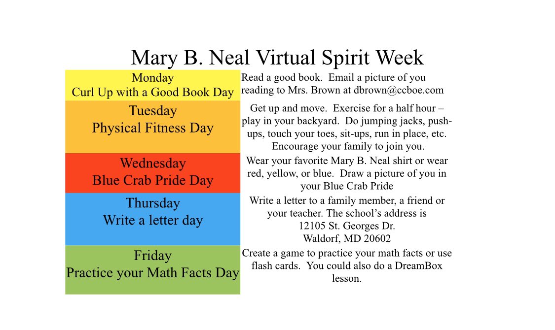Attaching a flyer for a Virtual Spirit Week that we would like to have next week.  Each day,  we have identified an activity to help pass the time.
Take care of each other.  We hope that you enjoy the activities.  #CCPSCovid19SpiritWeek
