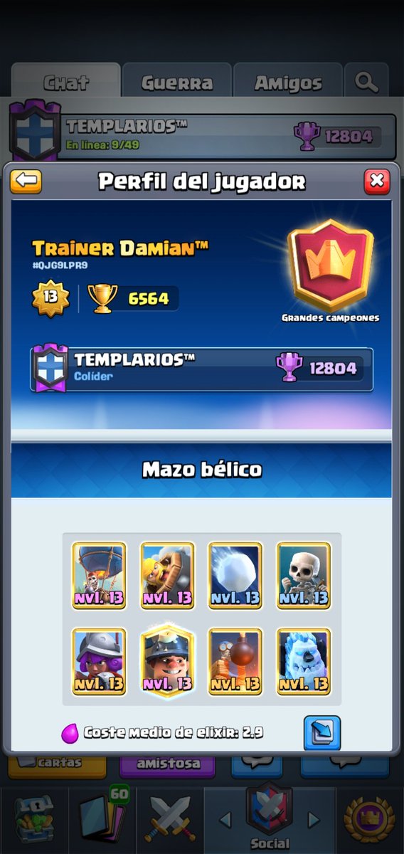 A las 10:30 p.m hora chilena 🇨🇱 nuestro amigo y compañero <a href="/TrainerDamianTM/">⚡️•Trainer Damian™ •⚡️</a> estara pusheando su cuenta a 7k dejo su link para que le hechen confeti y lo apoyen #GoTemplarios link.clashroyale.com/invite/friend/…