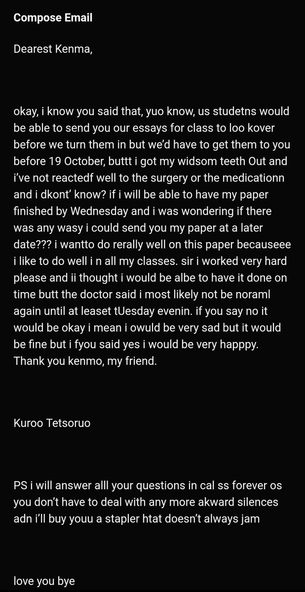 Constellate by protostar https://archiveofourown.org/works/11011986 -1/1-kuroken-kuroo has his wisdom teeth pulled and sends an email to his astronomy TA while high in meds-kenma's his astronomy TA-the email ohmygod-so funny