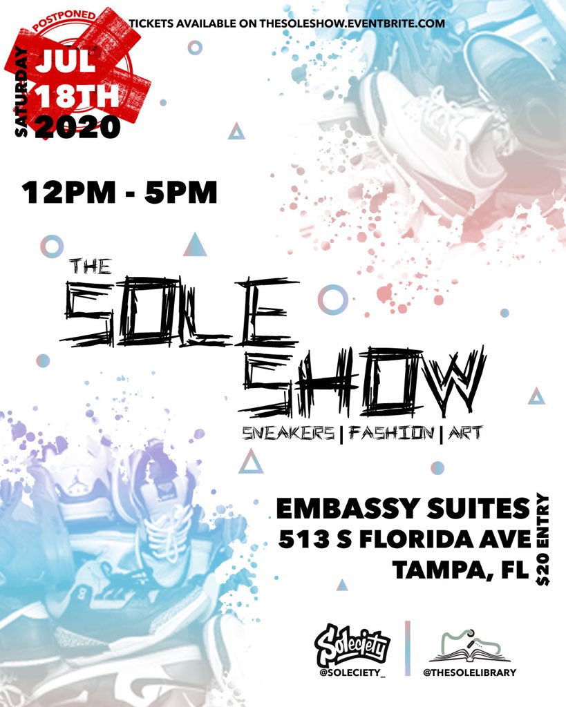 It is with a heavy heart that we have to announce the postponement of The Sole Show. The safety of everyone in attendance is first and foremost and at this time postponing is what’s best for all of us.
Stay healthy and stay safe during this time. See y’all soon!!