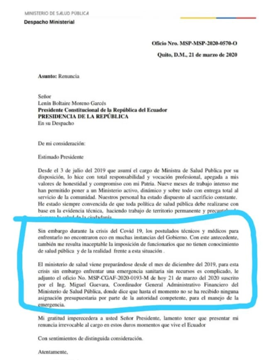 augustotandazo's tweet photo. GRAVÍSIMO:
Prueba del desgobierno neoliberal. La Ministra de Salud destapa la causa de su renuncia: El Gobierno NO asignó recursos para enfrentar la crisis del COVID 19. Haz click para ver mejor. https://t.co/sTMwCODqPD