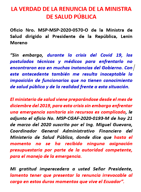 augustotandazo's tweet photo. GRAVÍSIMO:
Prueba del desgobierno neoliberal. La Ministra de Salud destapa la causa de su renuncia: El Gobierno NO asignó recursos para enfrentar la crisis del COVID 19. Haz click para ver mejor. https://t.co/sTMwCODqPD
