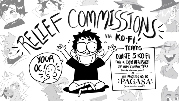 A lot of people here are in need of help because of the quarantine so I'm opening some kofi commissions for 5 Coffees (15$).

All proceeds go to buying PAGASA Survival Packs (thread below).

You can send your donations over here for a B&amp;W headshot sketch: 
https://t.co/3POnXk47lP 