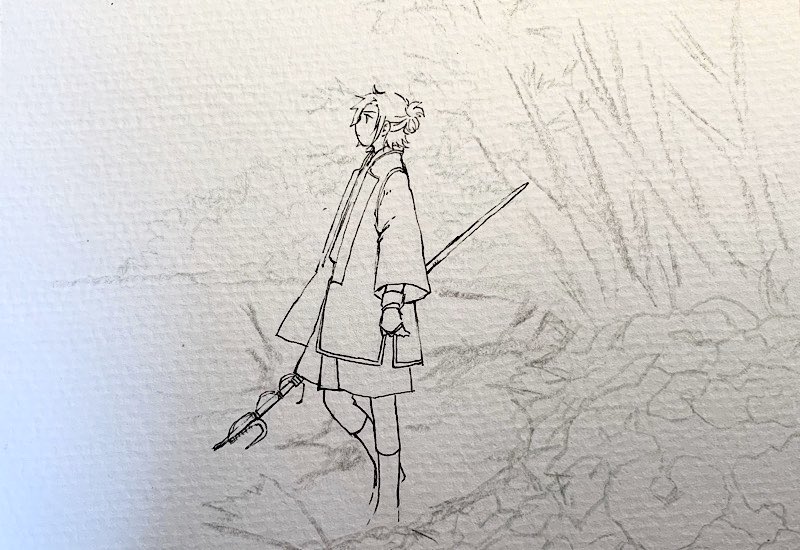 葉瀬アスカ 制作過程です 線画 コピックマルチライナー0 03 背景は水彩色鉛筆 マスキング 色塗り 白夜が保護色 ホワイトで模様描いて パソコンで微調整