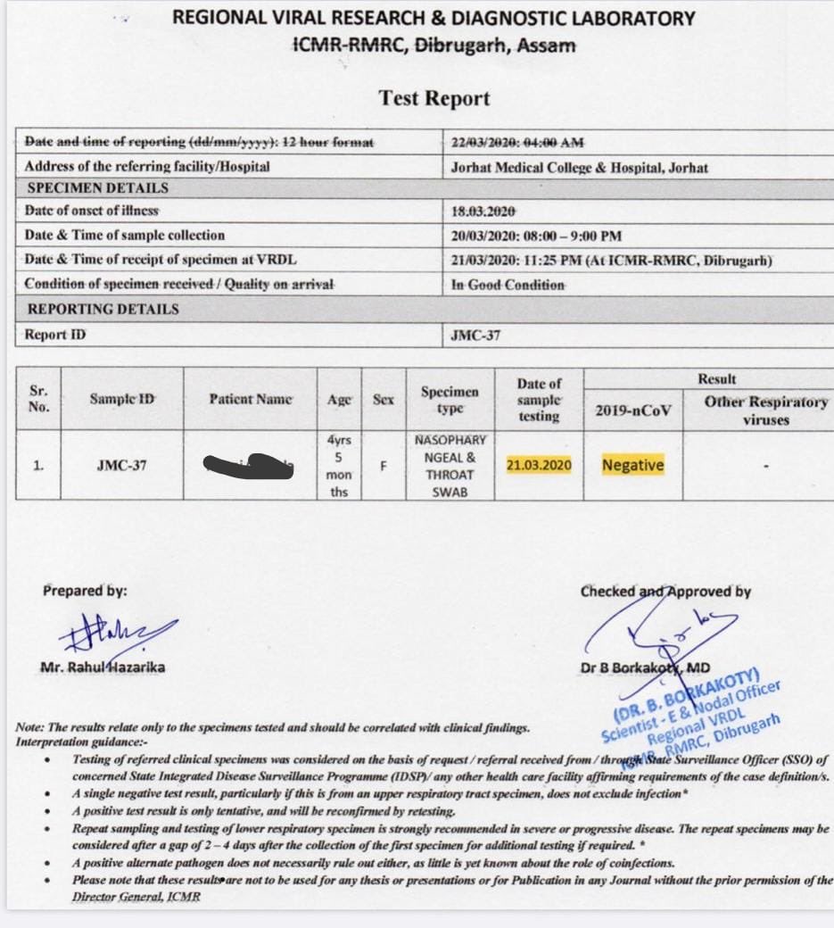 himantabiswa's tweet photo. The 4 year old child who was suspected of #covid19 and tested in Jorhat Medical College and RMRC, Dibrugarh has been found NEGATIVE. There is no Covid19 positive case in Assam so far. https://t.co/u2pqoJnwTe