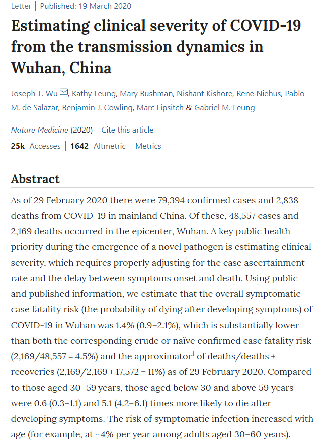 How bad is COVID-19? Here are the raw numbers, by country, for deaths per case. In America, about 1.5% of people confirmed to have it have died. That's in line with the latest analysis of Wuhan (1.4% of symptomatic cases died).It's deadly, but it spreads like a common cold. /2