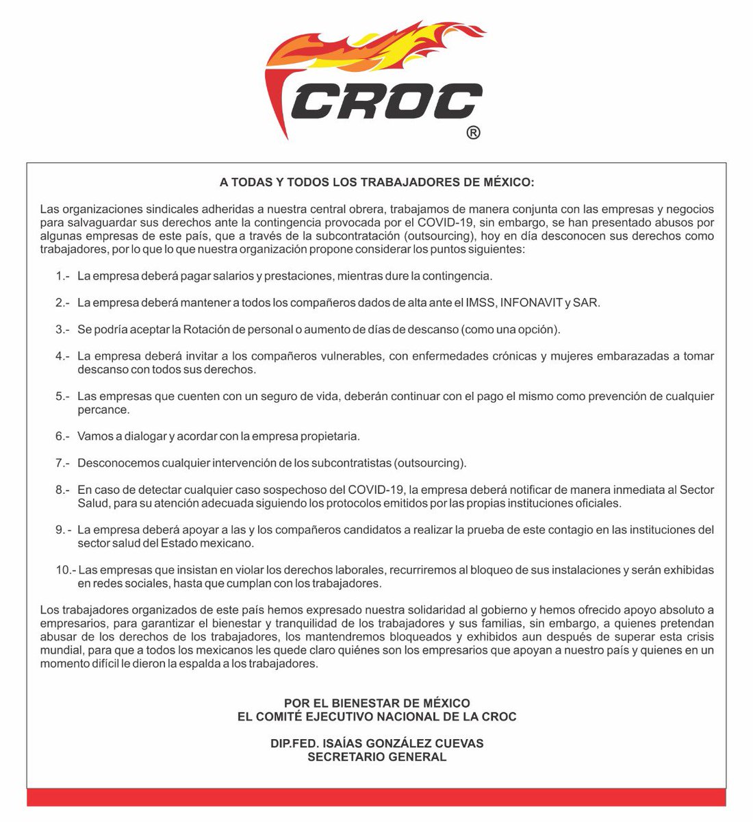 CROC on Comunicado #Covid_19 https://t.co/PUYTjIWUGG" / Twitter