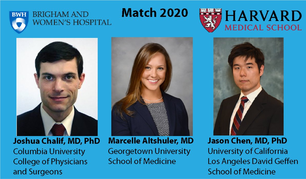 Congrats to our new outstanding interns who matched @BWHNeurosurgery! Joshua Chalif from @ColumbiaNeuro Marcelle Altshuler from @Georgetown and Jason Chen from @UCLAHealth Exited to have you join the team! @KyleWuMD @rosalind_lai