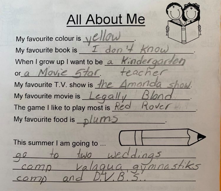 Truly always wanted to be a Kindergarten Teacher. I love that I’ve literally fulfilled my lifelong dream career💌 (in addition to being a mama🥰) *grade 3 Sarah’s favourites* hehe