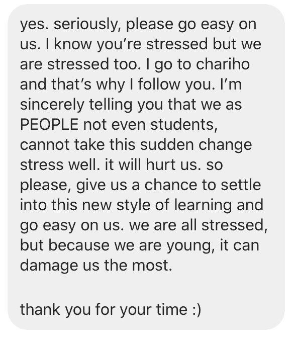This was a student’s response to this particular blog post. 

Teachers, don’t forget to listen to your students! Be patient. Be flexible. Be forgiving. We can do this.