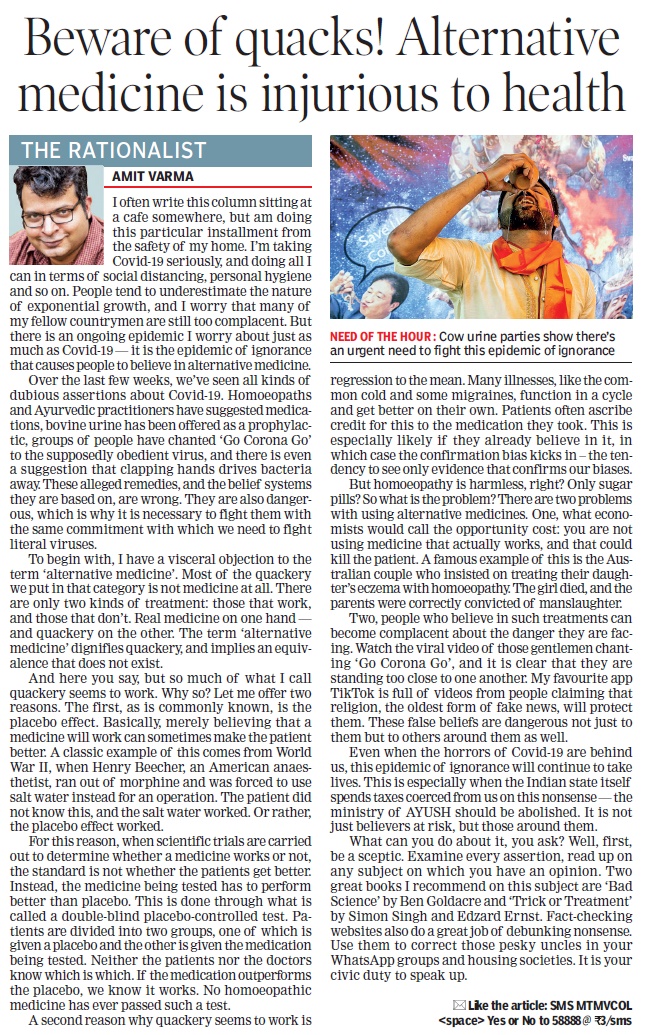 What are we going to about the ongoing, ever-present pandemic of stupidity &amp; ignorance around us?

My column today in the Times of India takes on all forms of quackery, from homeopathy to gaumutra to clapping hands: indiauncut.com/beware-of-quac…