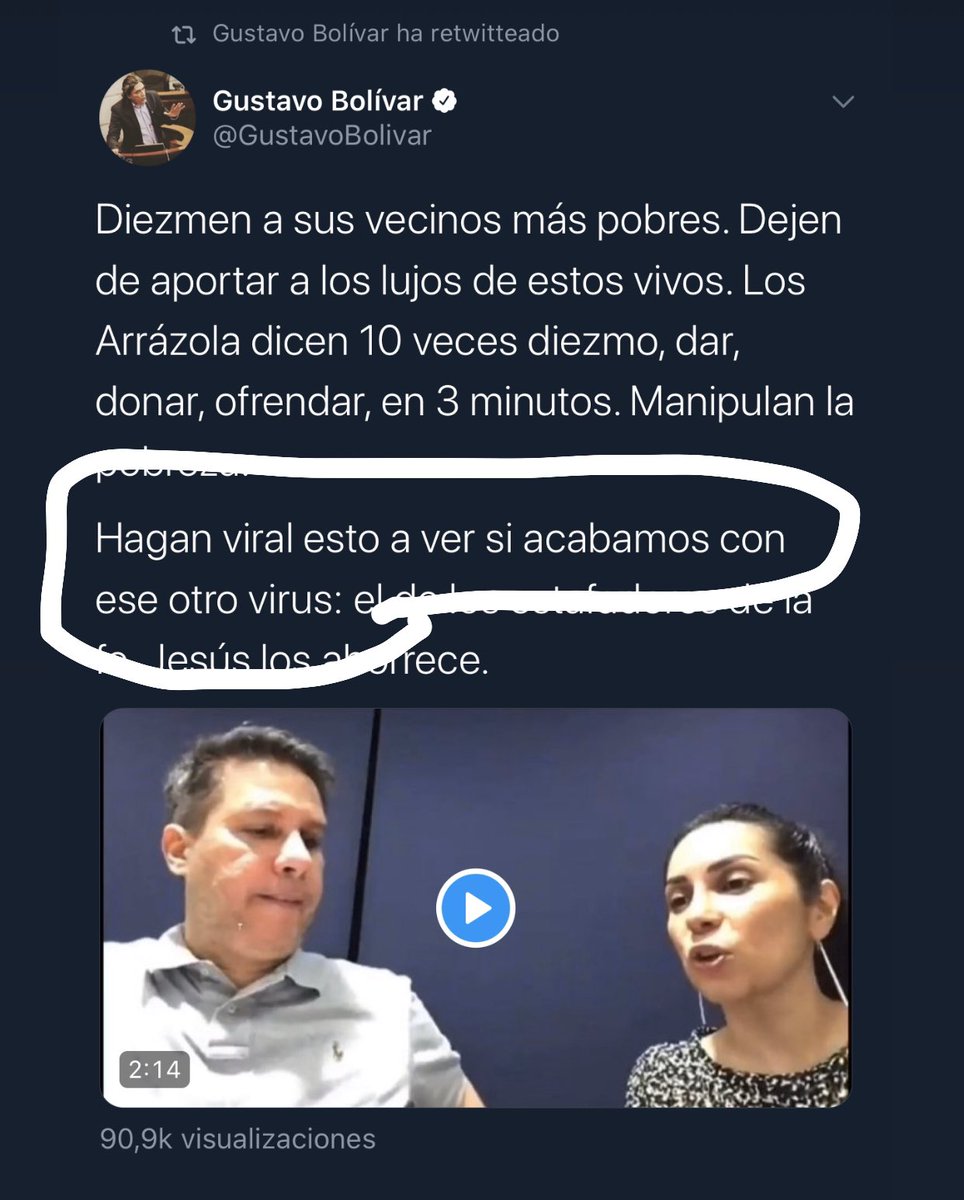 VincenthRamos's tweet photo. El sr @GustavoBolivar acaba de amenazar al pastor @PMiguelArrazola ojalá la @PoliciaColombia y el Pte @IvanDuque tomen las medidas pertinentes https://t.co/4JXwj4Y1j2