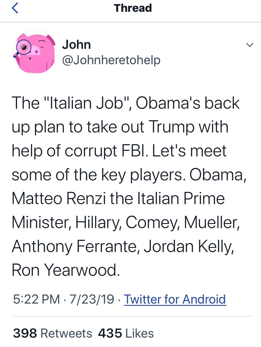  #TheItalianJob Explained: by  @Johnheretohelp &  @g_occhionero “The "Italian Job", Obama's back-up plan to take out Trump w/help of corrupt FBI. Let's meet some of the key players. Obama, Matteo Renzi, Italian Prime Minister, Hillary, Comey, Mueller... http://patriots4truth.org/2019/05/25/ita&nbsp;…  https://twitter.com/dmills3710/status/1201973833495805952