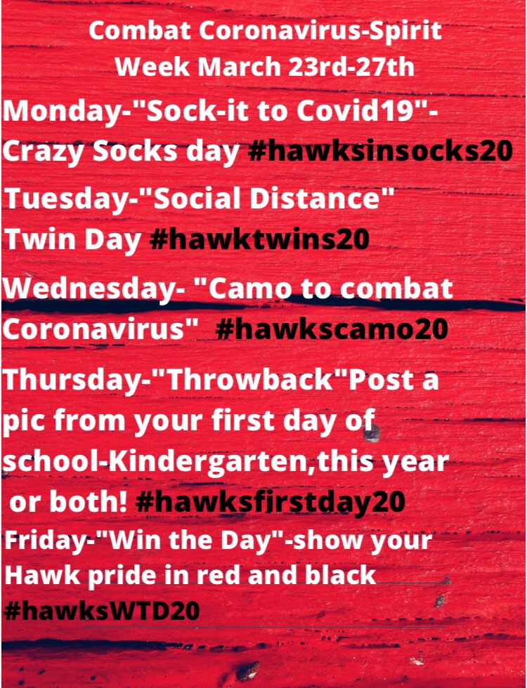 Let’s have some fun while at home and make it feel a little more like we’re still together. 
We want all students and teachers participating! 
Use the hashtag for each day and tag <a href="/STUCOHeath/">Heath StuCo</a> and <a href="/RHHSHawks/">Rockwall-Heath HS</a> 
RETWEET!